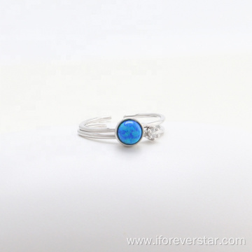 Round Blue Opal 925 Silver White CZ Rings